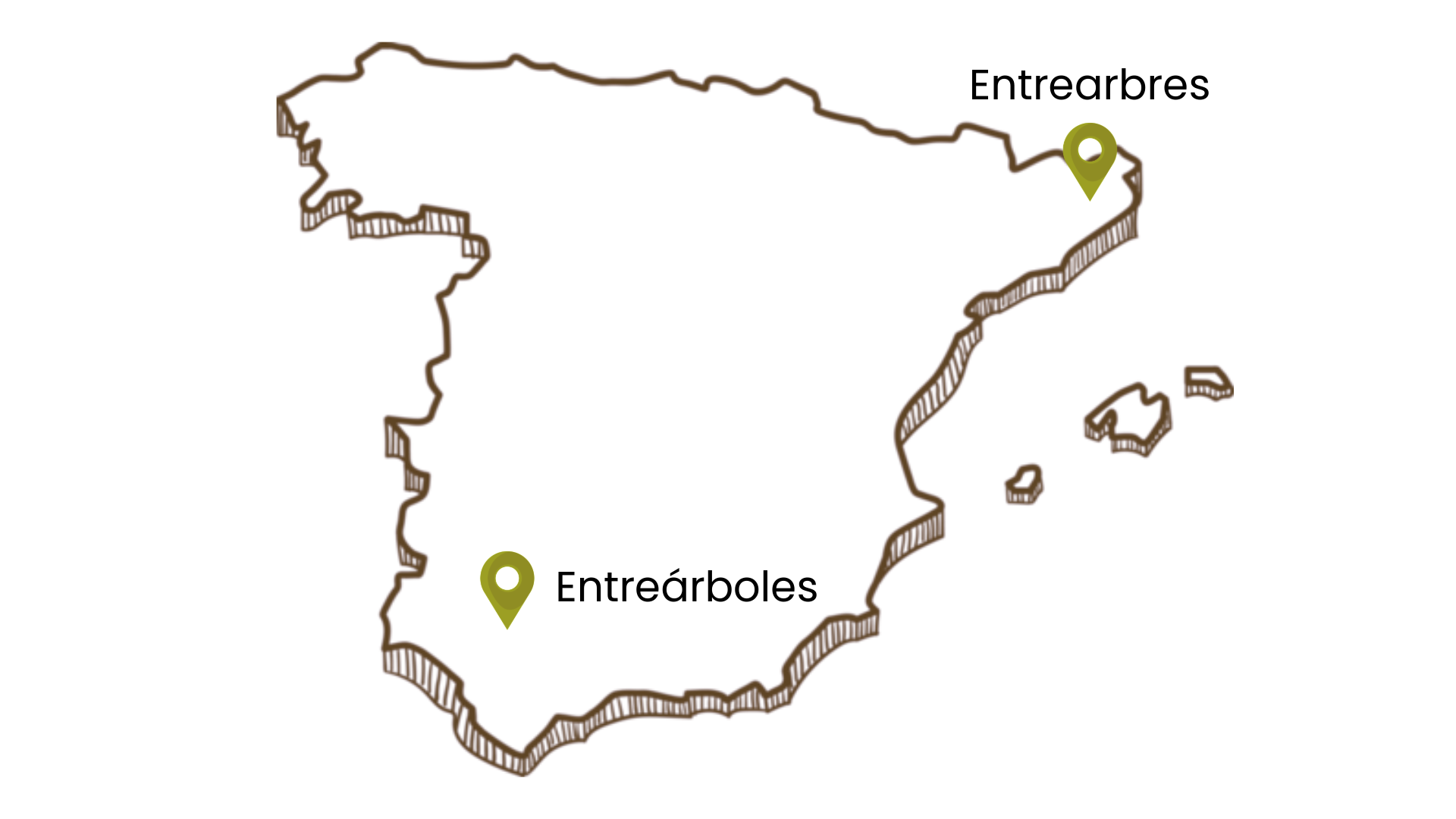 Map showing locations of Entrearbres and Entrebòles in Spain with markers