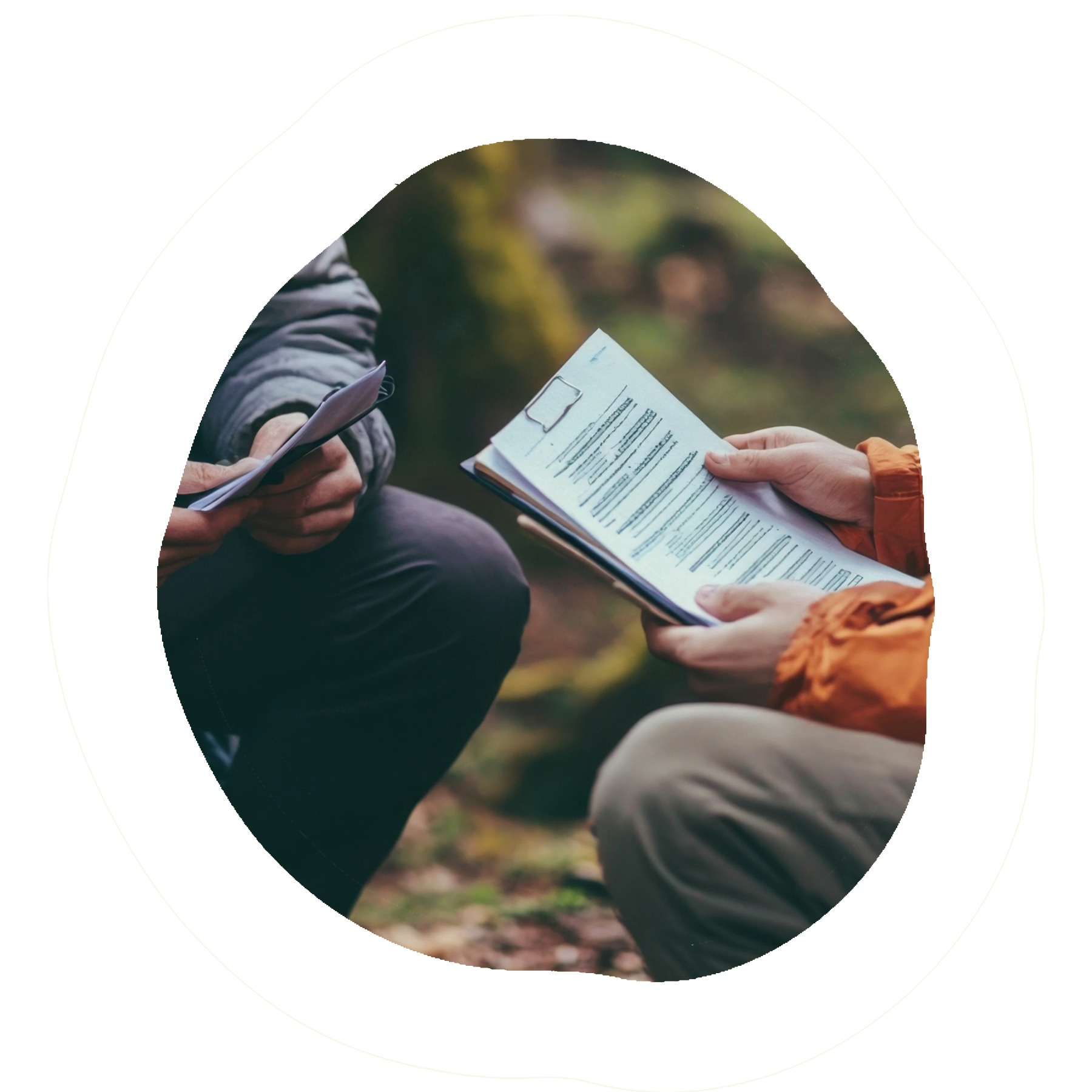 Dues persones compartint documents en un entorn natural.