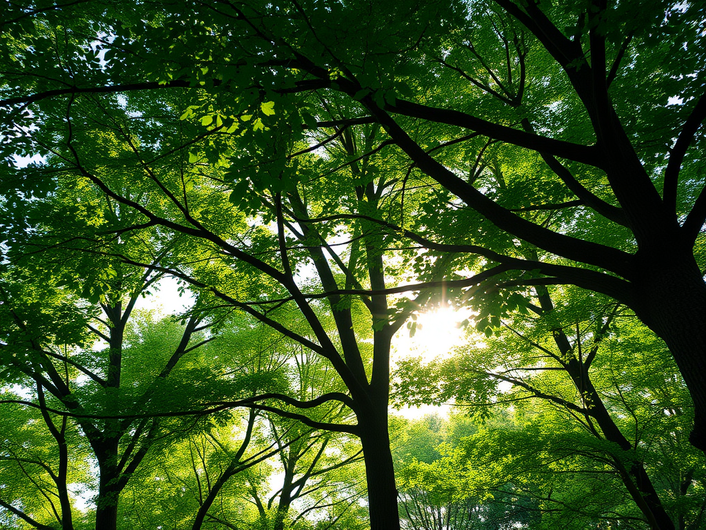 Vista de la copa dels arbres amb fullatge verd, amb llum entrant a través de les fulles.