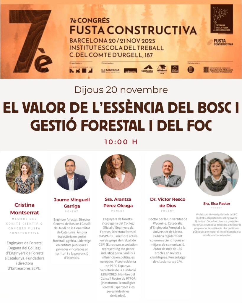 Banner del 7è Congrés Fusta Constructiva con detalles del evento, incluyendo fecha, lugar y oradores.